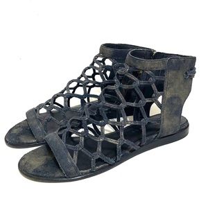 Mercer Edit Y-Bother Distressed in Gold Black Caged Leather Sandals Size 6.5M